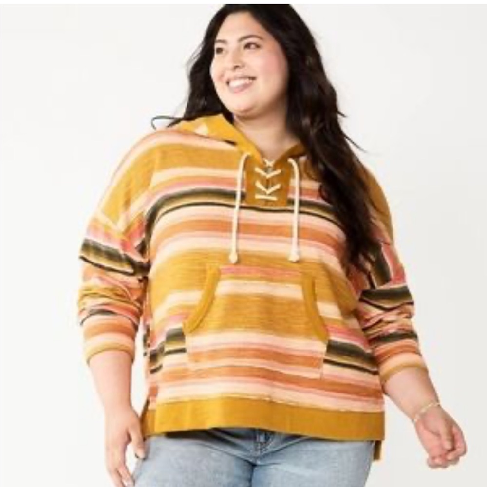 SO Juniors Mustard Textured Stripe Lace Up Beachy Boho Hoodie Size 1X